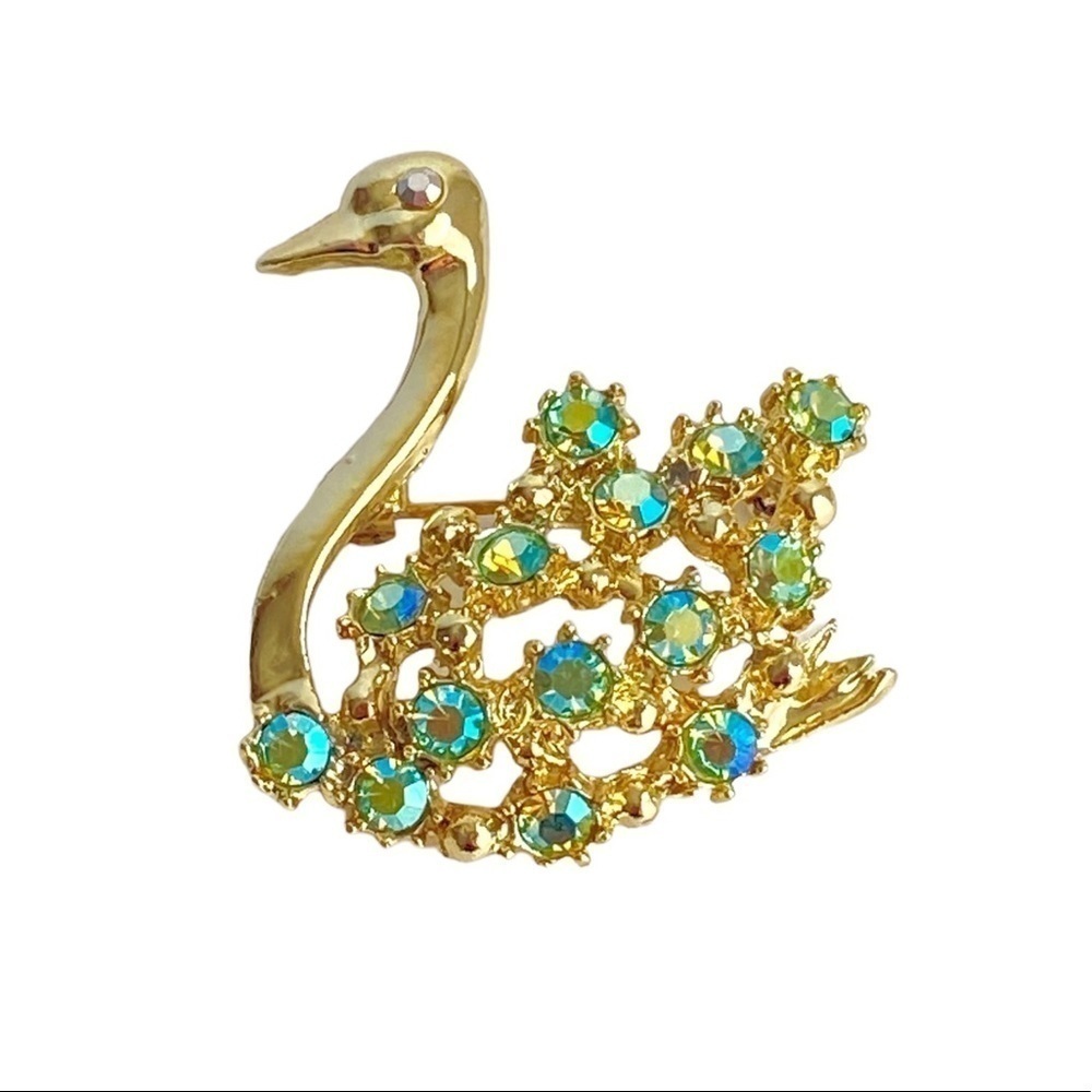 Vintage Swan Brooch Aurora Borealis Crystal Green Rhinestone Gold Tone 60s Retro